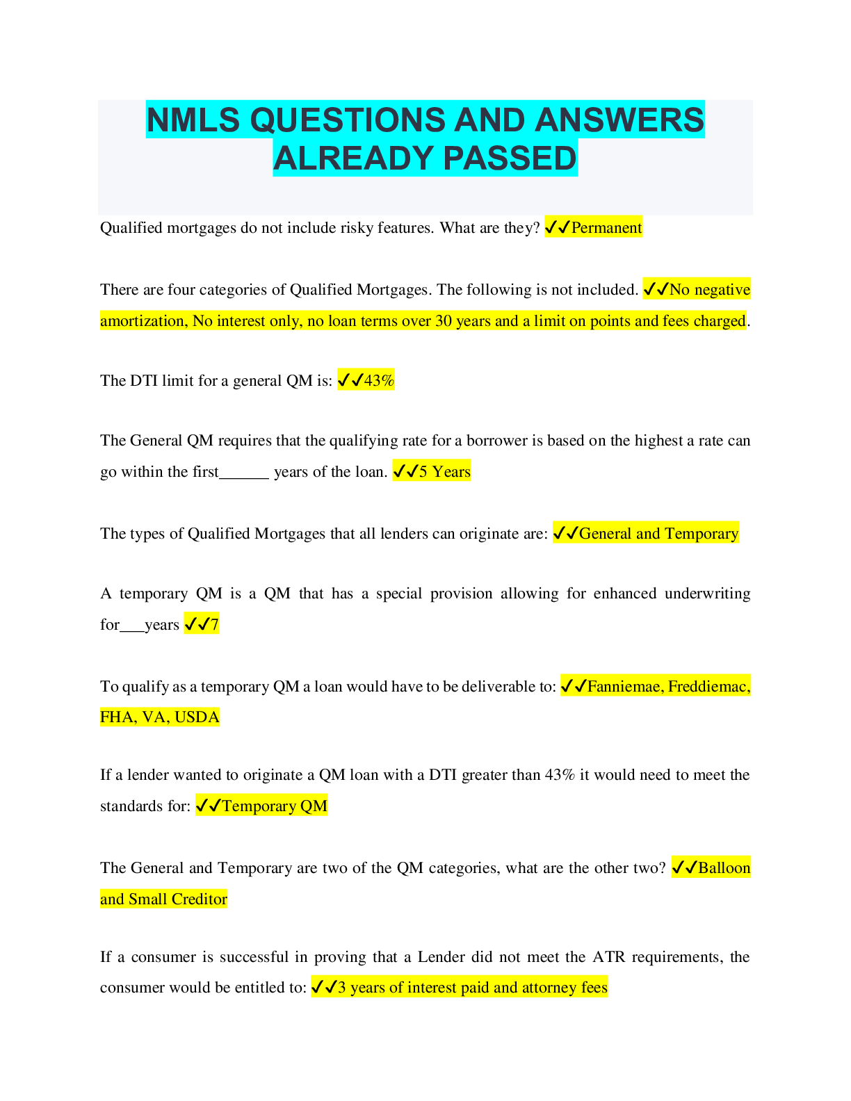 Preview image for NMLS QUESTIONS AND ANSWERS ALREADY PASSED